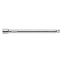 This flex and wobble hand socket extension features a 3/8 in output drive size and a chrome finish. It is designed to access fasteners in tight or offset spaces where a straight extension cannot reach. Commonly used in automotive repair, machinery maintenance, and industrial assembly.