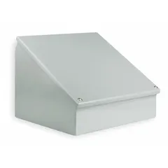 Steel console enclosure measuring 16 x 24 x 11 inches. Rated NEMA 12/13 for protection against dust, dirt, and non-corrosive liquids. Suitable for housing electrical and electronic components in industrial environments such as factory floors and control rooms.