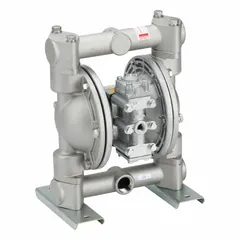 This air-operated double-diaphragm pump features a 316 stainless steel housing and is equipped with a PTFE diaphragm, 316 SS seat, and PTFE check valves. With 1-inch NPT connections and a flow capacity of 35 gpm, it is suited for transferring a variety of fluids in industrial process applications.