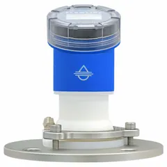 Noncontact level sensor using 80 GHz FMCW radar technology for continuous level measurement of liquids and solids. Operates on 30V DC with +/-2 mm accuracy and features an LCD display. Suitable for industrial tanks, silos, and vessels in water, wastewater, chemical, and bulk material handling applications.