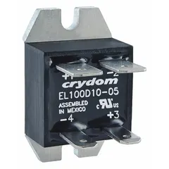 Panel-mounted solid state relay with MOSFET DC output, Form A (SPST-NO) switch configuration. Output voltage range 3 to 100V DC, maximum output current 10 A (9 A without heat sink). Input current 27 mA, quick-connect terminals. Suitable for switching DC loads in industrial control and automation systems.