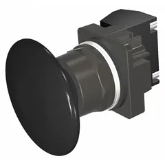 Momentary-action mushroom-head push button with a non-metallic profile, 30 mm diameter, and one normally open contact. Pressure plate terminal connection. Used in industrial control panels for operator input such as start or stop commands.