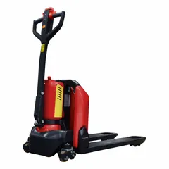 This electric pallet jack is designed for horizontal transport of palletized loads in warehouses and distribution centers. It features a 48V lithium-ion battery, 27 in width across forks, and 15 in width between forks. The standard steel forks measure 45 in length by 27 in width.