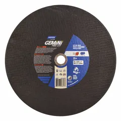 This NORTON Gemini Free Cut cut-off wheel is a Type 1 general purpose wheel for cutting carbon and stainless steel. It measures 14" x 3/32" x 1" and is made of aluminum oxide with 36 grit. Commonly used in fabrication, metalworking, and maintenance for cutting steel stock, pipe, or structural shapes.