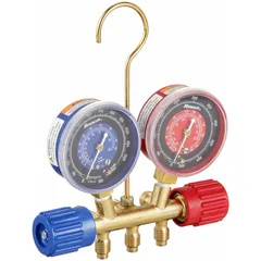 Brass manifold hose kit for automotive R-134A A/C systems. Includes rear R134A and Acme fittings for holding hoses. Suitable for pressure measurement, refrigerant charging, and recovery on R-134A equipment.