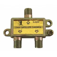 Coaxial splitter with one F-Type female input and two F-Type female outputs. Supports frequencies up to 900 MHz. Gold finish. Used for splitting data, audio, and video signals in applications such as CCTV, cable TV, and broadband distribution.