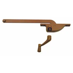This right-hand crank window operator is designed for casement windows, mounting on the frame. It includes a handle and features a bronze-coated finish. The base length is 4 3/4 inches. Suitable for use in residential and commercial window applications.