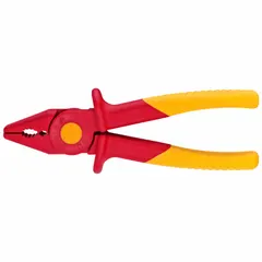 Insulated flat-nose pliers with serrated jaws, 2 in max jaw opening, 7 1/4 in overall length, and 1 3/8 in jaw length. Used for gripping, bending, and holding wires or small components in electrical work where live-circuit safety is required.