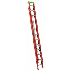 This 24 ft fiberglass extension ladder is non-conductive for electrical safety. It has a 300 lb load capacity, fixed fly, and rope and pulley system. Weight is 51 lb. Suitable for construction, maintenance, and other tasks requiring a non-conductive ladder.