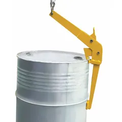 Steel drum lifting hook for vertical lifting of metal drums. Body grip location secures drum rim. Yellow finish. Rated for 1,100 lb capacity. Used in industrial material handling for transporting 30- and 55-gallon metal drums.