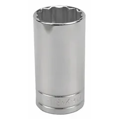 This 3/8" drive hand socket features a 1" SAE size with a 12-point deep configuration, constructed from chrome. It is used for tightening or loosening fasteners in automotive, machinery, and industrial applications where access to recessed bolts is required.