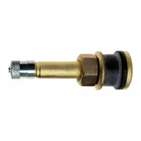 This clamp-in tire valve stem is constructed with a brass body and rubber seal, featuring a straight shape with a 180° valve stem angle. It has a 0.305-32 thread size and complies with TR500 standards. Designed for use in passenger car tires to maintain proper inflation pressure