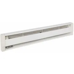 Oil-filled electric baseboard heater with conventional white housing. Provides dual wattage output of 750W or 1000W at 208/240V AC. Thermostat not included. Suitable for zone heating in commercial spaces such as offices and retail areas.