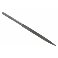 Triangular needle file with a length of 5-1/2 inches, width of 1/8 inch, and thickness of 7/64 inch. Type 2 cut for fine filing and shaping. Used for precision work in tool and die making, mold work, and metal finishing, particularly in tight corners and angles