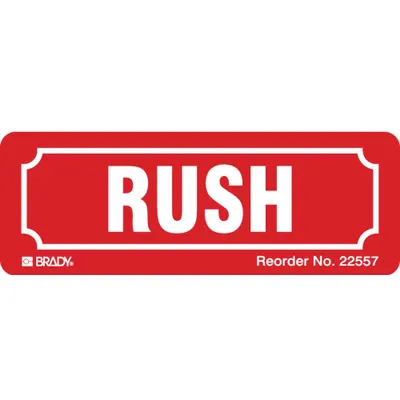 BRADY Instructional Handling Label: Rush, 3 in x 3 in, Red, 500 Labels per Roll - Shipping & Receiving Message Labels