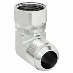 Steel hydraulic hose adapter with 90° elbow and swivel joint. Male x female JIC x JIC connections, 1 in x 1 in fitting size. Used for connecting hydraulic hoses in confined spaces, allowing flexible routing while maintaining leak-resistant connections in fluid power systems.