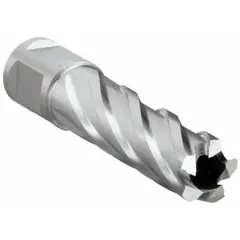Bright finish high-speed steel annular cutter with 7/16 in diameter and 2 in maximum cutting depth. Designed for stacked drilling applications in metal fabrication and structural steel work, creating clean holes in multi-layer or thick sections. Features a Weldon Flat shank for secure retention in magnetic drill presses.