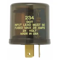 This 3-terminal flasher relay is rated for 24V DC and 20 A, with an adjustable flash rate of 1 to 10 flashes per minute. It is designed for use in automotive turn signal and hazard light circuits in cars