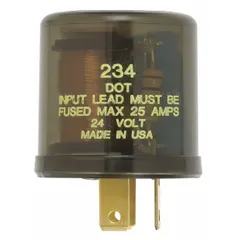 This 3-terminal flasher relay is rated for 24V DC and 20 A, with an adjustable flash rate of 1 to 10 flashes per minute. It is designed for use in automotive turn signal and hazard light circuits in cars.
