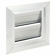 Aluminum wall-mount backdraft damper with single panel flat blade design. Measures 12 3/4 inches high and wide. Mounts vertically for horizontal airflow, maximum air velocity 2250 fpm. Prevents reverse airflow when fan is off in ventilation systems.