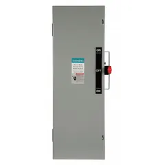 The SIEMENS DTF323 is a 100 A, three-phase fusible safety switch rated for 240V AC. It features a galvanized steel enclosure for indoor use and provides overcurrent protection with a visible disconnect. Suitable for use in industrial and commercial power distribution systems for motor, pump, and conveyor applications.