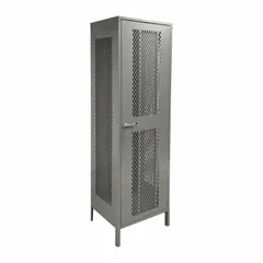 This industrial ventilated shelf cabinet from LYON is assembled with legs and features four adjustable shelves. The gray cabinet has ventilated body panels for airflow and a swing handle with padlock hasp for security. Typical applications include storage of tools, parts, and equipment in workshops, warehouses, and manufacturing facilities.