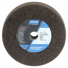 This NORTON Type 1 straight grinding wheel is a general purpose snagging wheel for all metals. It is sized 5" x 1" with a 5/8" arbor hole and specification 57A242-R5B7SL. Used for heavy stock removal, weld grinding, and deburring in metal fabrication and maintenance applications.