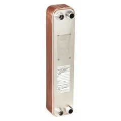 This brazed plate heat exchanger transfers heat between two fluids, such as refrigerant and water, in HVAC and industrial process systems. It is rated for 50 gpm flow with 14.72 sq ft of heat transfer surface, constructed with nickel-brazed stainless steel plates. Suitable for chiller systems, heat pumps, and hydronic heating applications.
