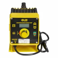 This compact solenoid-driven diaphragm metering pump features a PVDF head and PTFE diaphragm for handling corrosive fluids. It operates at 115V AC with a reproducibility of ±1.0%, and includes ceramic check balls, PVDF fittings, and PVDF/PTFE seals. Typical applications include chemical dosing in water treatment, chemical processing, and sanitation systems.