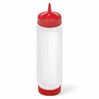 This standard squeeze bottle is suitable for dispensing condiments, sauces, and oils in food service environments. It has a 24 oz capacity, 2 1/8 in opening diameter, and 11 3/16 in overall height. The bottle is NSF Certified and dishwasher safe, with a clear body and red cap