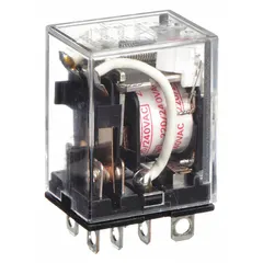 This socket-mounted relay from the OMRON LY Series features a square base with flat pins and plug-in mounting. It has DPDT contacts rated for 10 A at 240V AC or 24V DC resistive load, with 8 terminals. Typical applications include switching loads in industrial control panels, automation systems, and HVAC equipment.