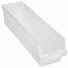 This clear plastic shelf bin is designed for organizing small parts, components, and hardware on shelving in warehouses, workshops, and industrial facilities. It has an overall length of 23 5/8 in and dimensions of 6 5/8 in x 6 in. The bin is nesting capable for space-saving storage when not in use, but is not hangable. It is not electrostatic discharge conductive and dividers are not included.