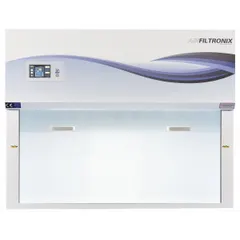 Fully assembled ductless fume hood with included blower, base/stand, and work surface. Overall width 37 3/8 in, overall height 47 1/4 in. Recirculates filtered air, eliminating ductwork. Used for containing fumes, vapors, and particulates in laboratory and industrial settings.