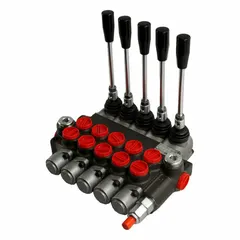 This manual spool monoblock valve features a four-way, three-position configuration with Tandem Center and Spring Center to Neutral operation. With 5 spools, it is suited for hydraulic systems requiring directional flow control in mobile equipment, agricultural machinery, and industrial applications.