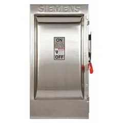 The Siemens HF324S is a 200 A, three-phase fusible safety switch rated for 240V AC. It features a 304 stainless steel enclosure suitable for indoor or outdoor use. This switch provides a visible disconnect means for equipment isolation and overcurrent protection in industrial power distribution systems.