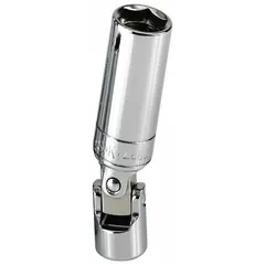 This SAE flex spark plug socket features a 3/8 in drive and 5/8 in socket size with a 6-point, standard profile. Designed for removing and installing spark plugs in standard automotive and industrial engines. Chrome finish.