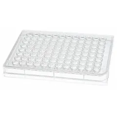 Polystyrene 96-well plate with 0.3 mL well volume, tissue culture treated for cell adhesion. Colorless, RNase/DNase free. Suitable for cell culture assays, ELISA, and high-throughput screening.