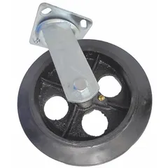 This swivel caster is a replacement component for platform trucks. It is constructed with a rubber tread and steel frame in a black finish. The caster measures 8 inches in overall length and 2 inches in overall width. Typical applications include industrial carts, dollies, and material handling equipment.