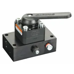 Three-position, three-way, tandem center lever-operated directional control valve with integrated manifold. Maximum flow rate of 4.5 gpm. Used in industrial hydraulic systems for directing fluid flow to single-acting cylinders or motors.