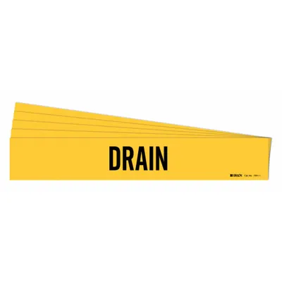 BRADY Pipe Marker: Drain, Yellow, Black, Fits 2 1/2 to 7 7/8 in Pipe O.D., 1 Pipe Markers - Drain Adhesive Pipe Markers