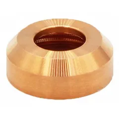 This deflector-type shield cap is a replacement consumable for handheld plasma torches. It protects the nozzle and directs the plasma arc for cutting conductive metals. Rated for 50 A, it fits Hypertherm torch series PAC121M, PAC121TS, PAC123M, PAC123T, PAC125M, and PAC125T.