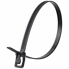 UV-stabilized push-release cable tie for outdoor use. Black, 32-inch length, accommodates maximum bundle diameter of 245 mm. Pack of 50 ties. Suitable for bundling and securing cables, hoses, or wires in outdoor environments where weather resistance is needed.