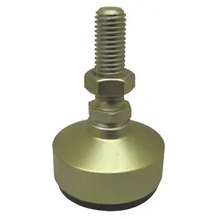 This vibration-damping male leveling mount features a 3/4"-10 threaded stud, 3 in height, and 6500 lb load capacity. The yellow zinc-plated finish and round base with 1-1/16 in hex provide corrosion resistance and easy adjustment. Includes a jam nut for secure locking. Commonly used to support and level heavy machinery, conveyors, and industrial equipment while reducing transmitted vibration.