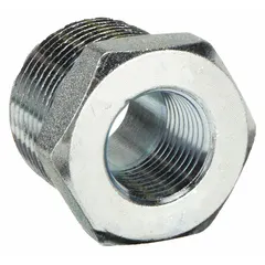 This straight pipe fitting is made of zinc-galvanized steel and rated Class 3000 for extreme-pressure applications. It connects pipes of different sizes (1 1/4 in x 1 in) in industrial piping systems. No pre-applied thread sealant is included.