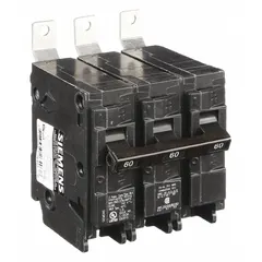 Three-pole miniature circuit breaker rated 60 A at 240V AC, part of the BL Series. Designed for bolt-on mounting in Siemens P1 Panelboards. Provides overcurrent protection with a maximum interrupting rating of 22kA at 240V AC. Suitable for use in commercial and industrial electrical distribution systems.