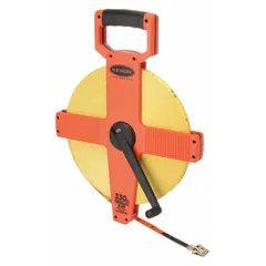 Manual open-reel long tape measure with a 300 ft / 100 m fiberglass blade, double-sided with metric (2 mm) and SAE (1/8 in) graduations. Features a nonmagnetic double hook and a plastic case. Suitable for measuring long distances in construction, surveying, and industrial layout work, especially where non-conductive blades are required near electrical hazards.