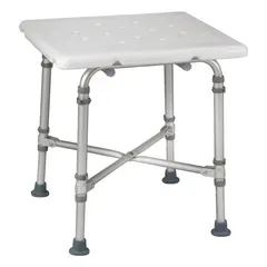 Plastic shower stool with a 21-inch seat width and 500 lb weight capacity. Designed for use in wet environments such as home bathrooms, hospitals, and assisted-living facilities to provide a stable seat for bathing. Requires no tools for basic assembly.