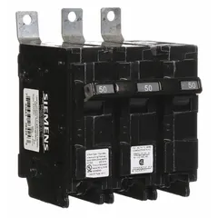 Three-pole miniature circuit breaker rated 50 A at 240V AC, with a maximum interrupting rating of 65kA at 240V AC. Designed for bolt-on mounting in P1 panelboards, providing overcurrent protection in three-phase electrical distribution systems.