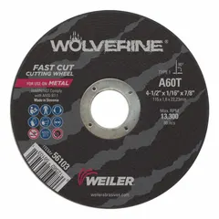 General purpose cut-off wheel for carbon and stainless steel. Type 1 wheel with 60-grit aluminum oxide abrasive. Commonly used in metal fabrication and maintenance for clean cuts on ferrous materials.