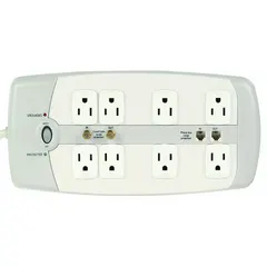 This general purpose surge protector features 8 outlets, a 10 ft power cord, 1050 J surge energy rating, and 15 A current capacity. The white housing includes keyhole mounting slots for secure wall attachment. Suitable for powering and protecting multiple devices in workshops, offices, and light industrial settings.